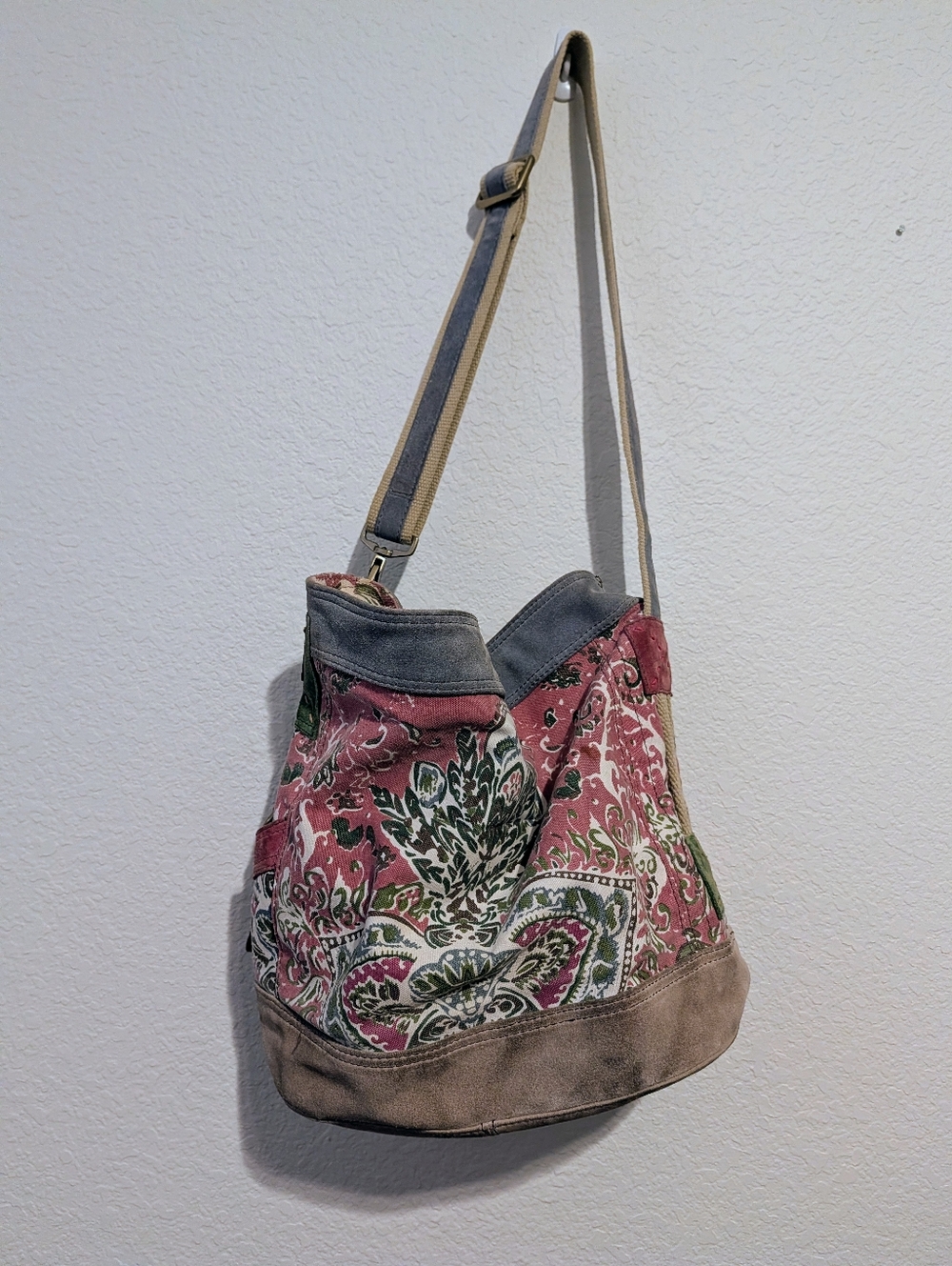 Large Lucky Brand Pink Paisley Hobo Bag with Leather Trim